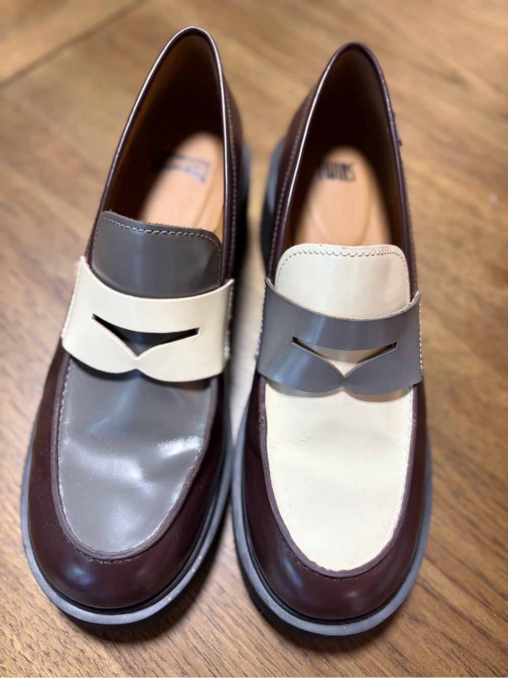 Camper Two-Tone Leather Penny Loafers in Brown, Cream & Gray
